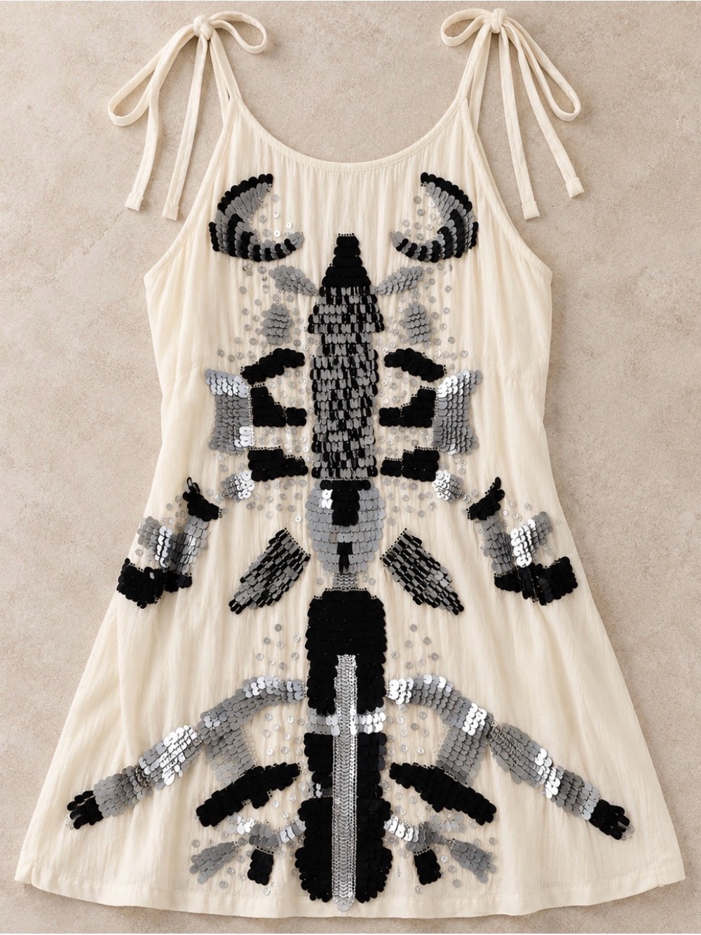 Sequin-Embellished Cream Tie-Shoulder Mini Dress - Picture 1 of 2